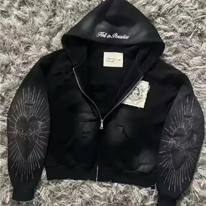 Black Hooded Jacket with Embroidered Sleeves